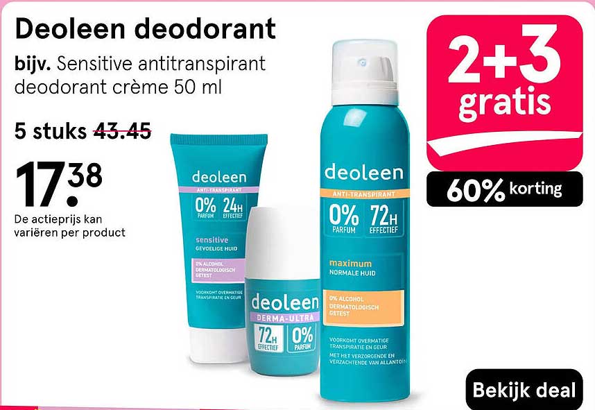 Deoleen deodorant bijv. Sensitive antitranspirant deodorant crème 50 ml 2+3 gratis