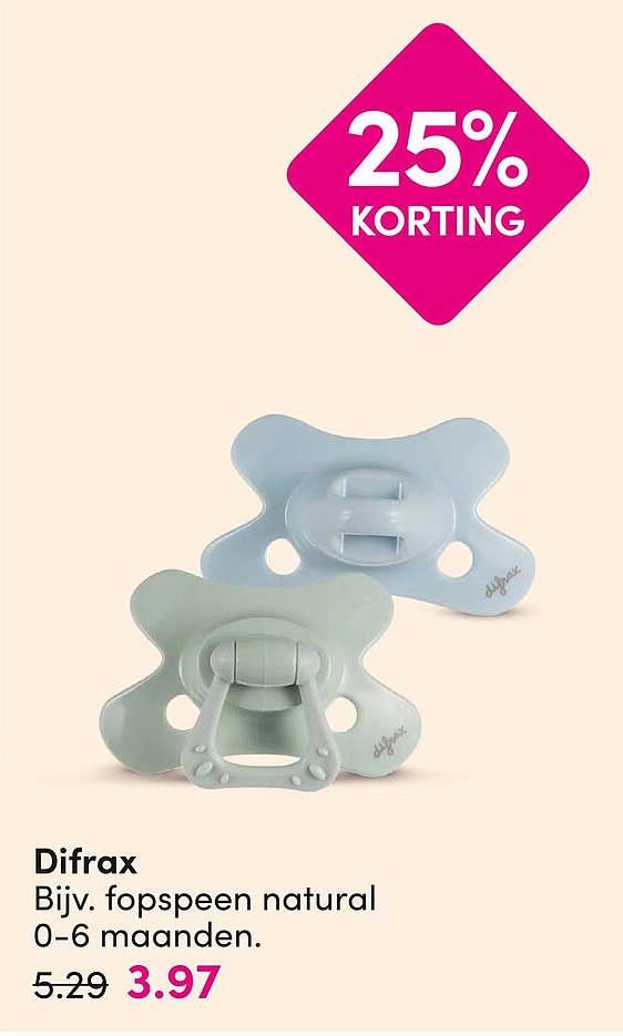 Difrax Bijv. fopspeen natural 0-6 maanden. 25% KORTING