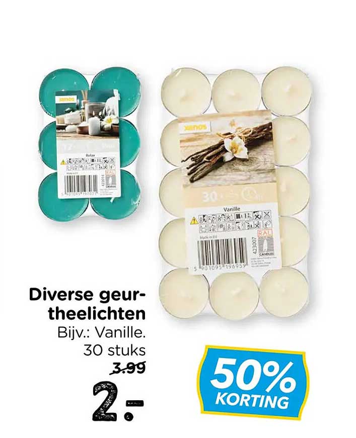 Diverse geurtheelichten Bijv.: Vanille. 30 stuks 50% KORTING
