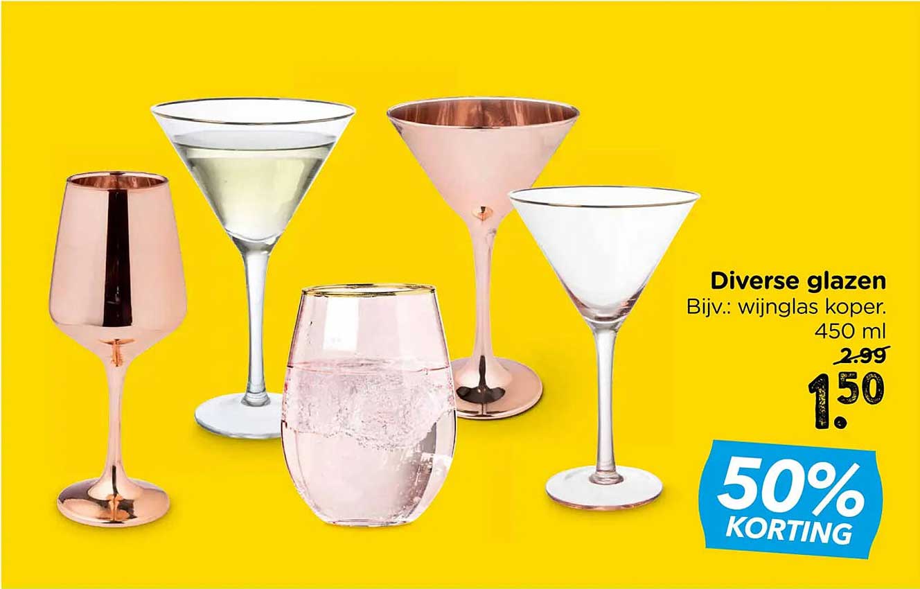 Diverse glazen Bijv.: wijnglas koper. 450 ml 50% KORTING