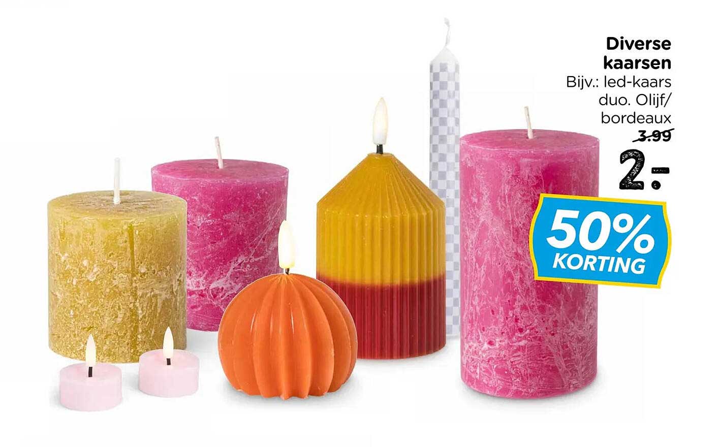 Diverse kaarsen Bijv.: led-kaars duo. OIijf/bordeaux 50% KORTING