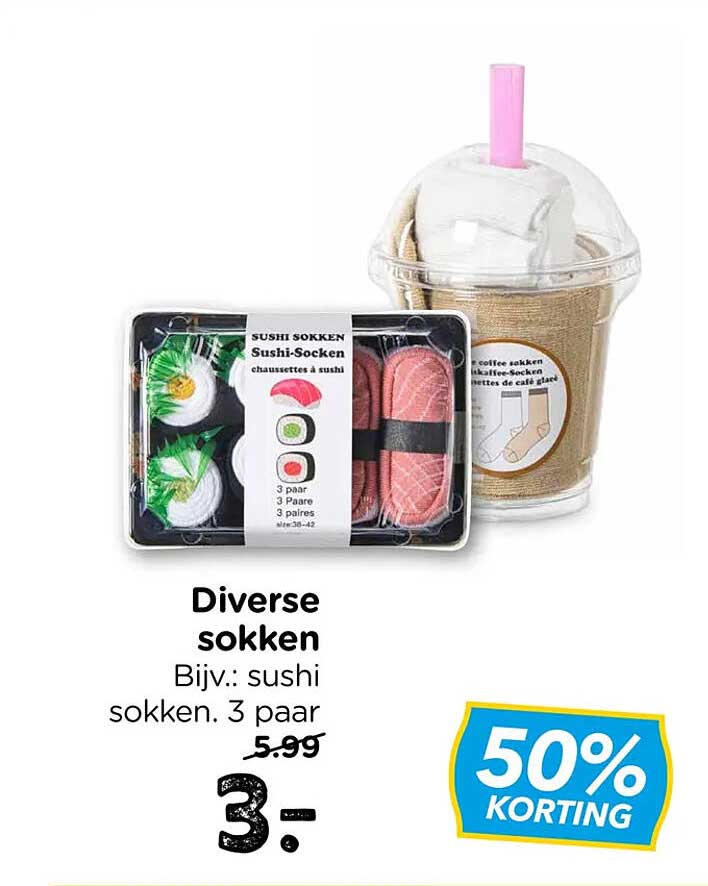 Diverse sokken Bijv.: sushi sokken. 3 paar 50% KORTING