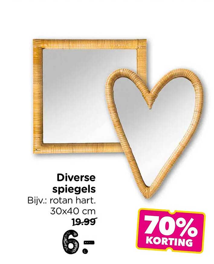 Diverse spiegels Bijv.: rotan hart. 30x40 cm 70% KORTING