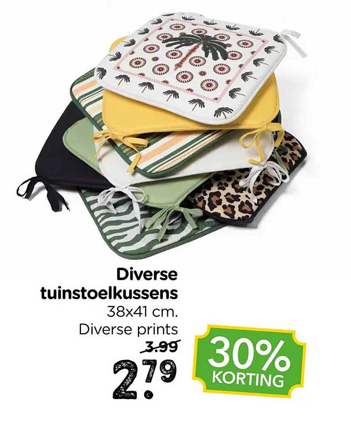 Diverse tuinstoelkussens 38x41 cm. Diverse prints 30% KORTING