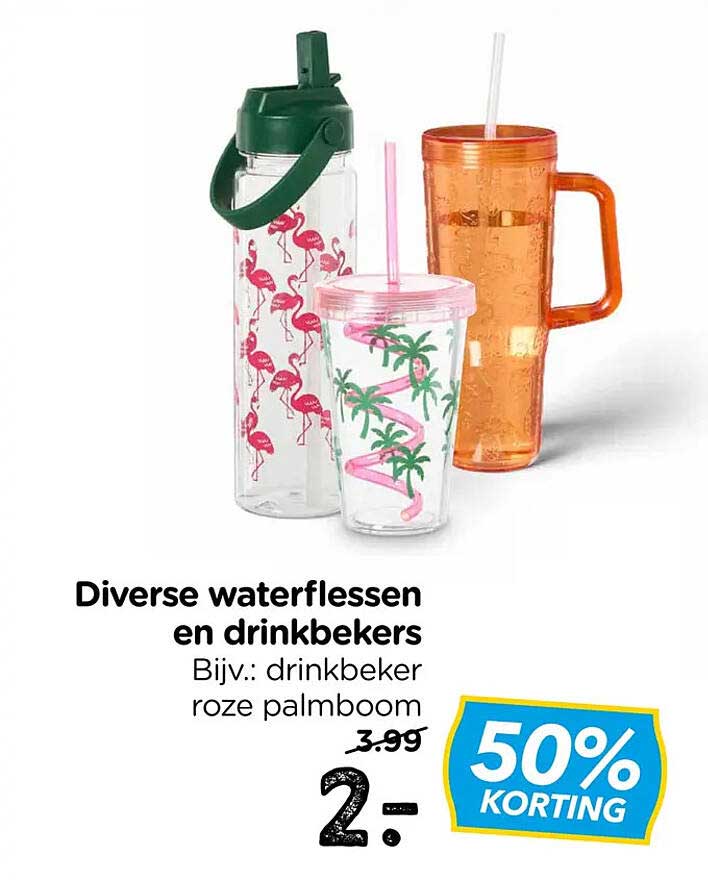 Diverse waterflessen en drinkbekers Bijv.: drinkbeker roze palmboom 50% KORTING