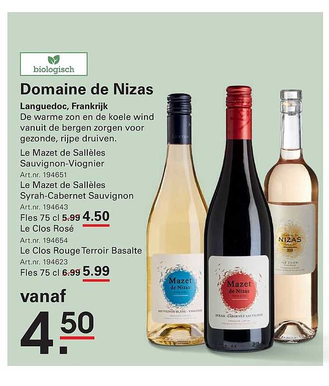 Domaine de Nizas Le Mazet de Sallèles Sauvignon-Viognier / Syrah-Cabernet Sauvignon / Le Clos Rosé / Le Clos Rouge Terroir Basalte vanaf
