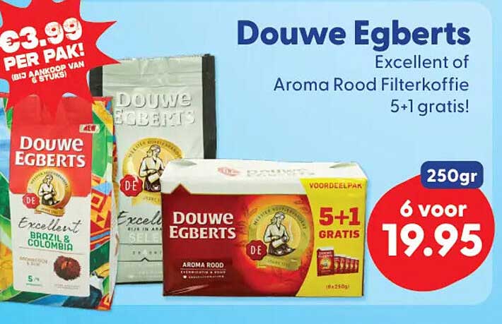 Douwe Egberts Excellent of Aroma Rood Filterkoffie 5+1 gratis