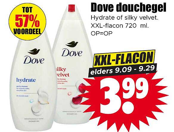 Dove douchegel Hydrate of silky velvet. XXL-flacon 720 ml. OP=OP XXL-FLACON elders 9.09 - 9.29