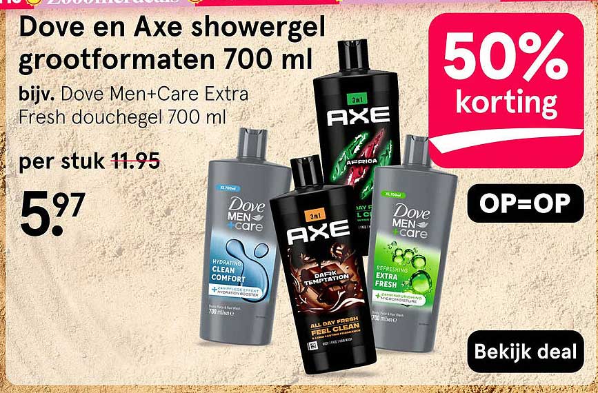 Dove en Axe showergel grootformaten 700 ml 50% korting