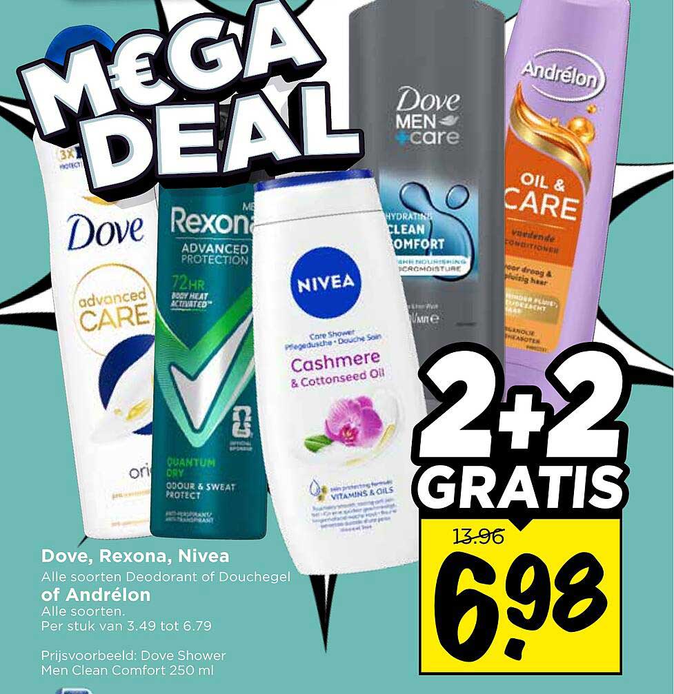 Dove, Rexona, Nivea Alle soorten Deodorant of Douchegel of Andrélon Alle soorten 2+2 GRATIS