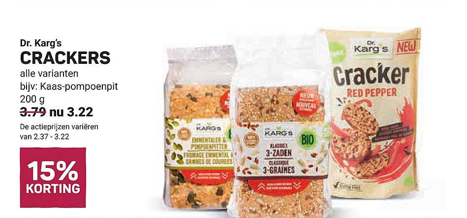 Dr. Karg’s CRACKERS alle varianten bijv: Kaas-pompoenpit 200 g 15% KORTING
