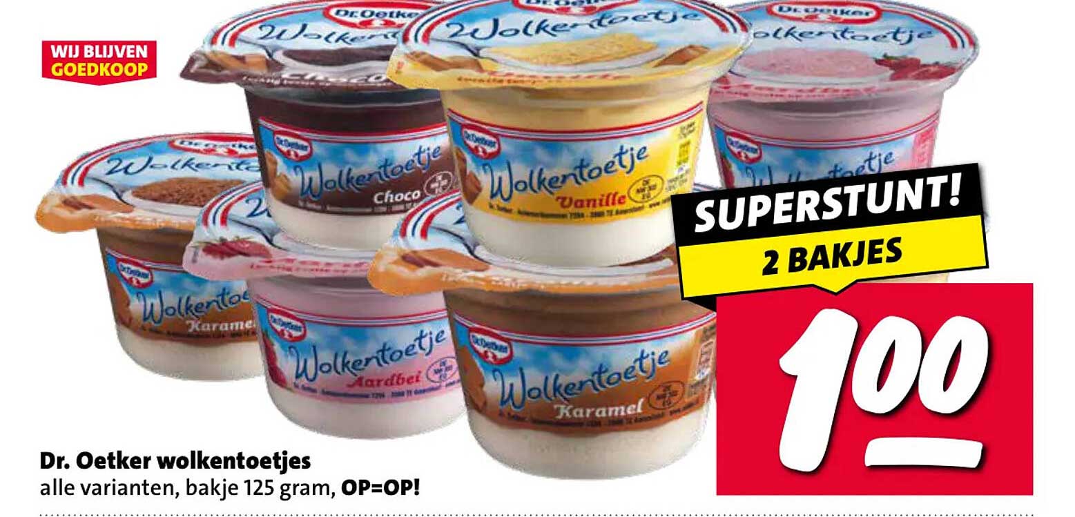 Dr. Oetker wolkentoetjes alle varianten, bakje 125 gram, OP=OP! SUPERSTUNT! 2 BAKJES