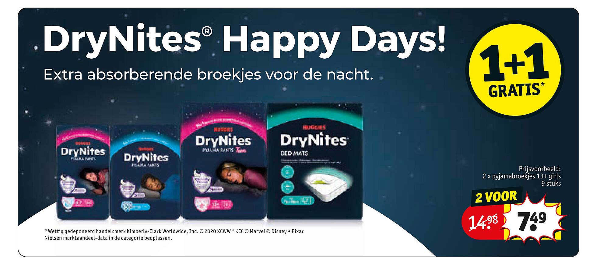 DryNites Happy Days! Extra absorberende broekjes voor de nacht. 1+1 gratis