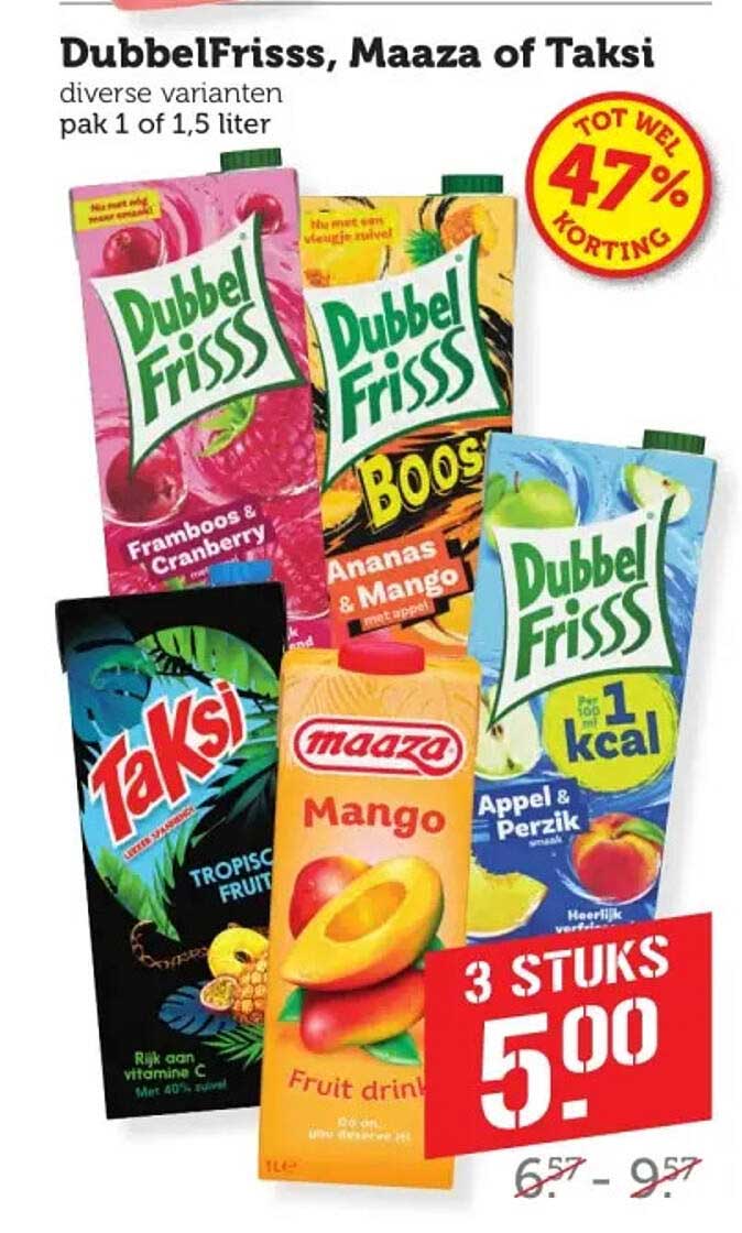 DubbelFrisss, Maaza of Taksi diverse varianten pak 1 of 1,5 liter 3 STUKS
