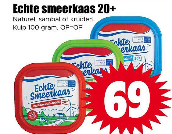 Echte smeerkaas 20+ Naturel, sambal of kruiden. Kuip 100 gram. OP=OP