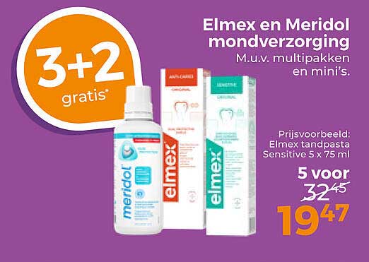 Elmex en Meridol mondverzorging M.u.v. multipakken en mini’s. 3+2 gratis