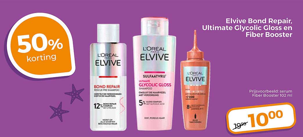 Elvive Bond Repair, Ultimate Glycolic Gloss en Fiber Booster 50% korting