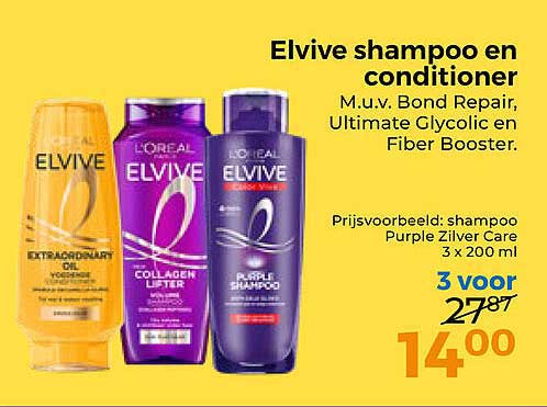Elvive shampoo en conditioner M.u.v. Bond Repair, Ultimate Glycolic en Fiber Booster.