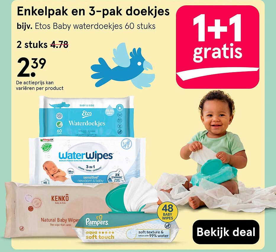 Enkelpak en 3-pak doekjes bijv. Etos Baby waterdoekjes 60 stuks 1+1 gratis