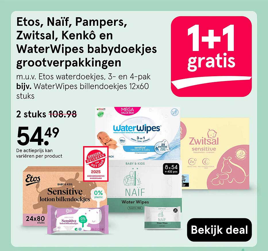 Etos, Naïf, Pampers, Zwitsal, Kenkô en WaterWipes babydoekjes grootverpakkingen 1+1 gratis