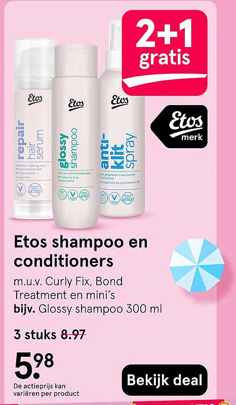 Etos shampoo en conditioners 2+1 gratis