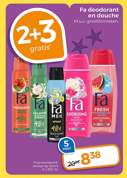 Fa deodorant en douche m.u.v. grootformaten 2+3 gratis