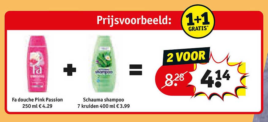 Fa douche Pink Passion 250 ml € 4.29 + Schauma shampoo 7 kruiden 400 ml € 3.99 1+1 gratis