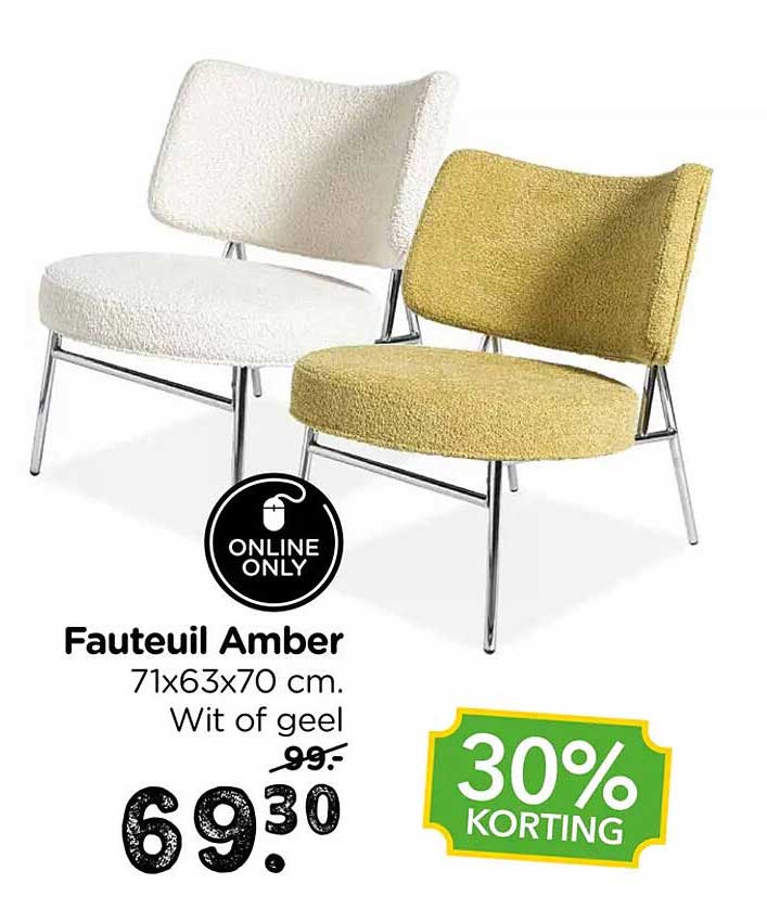 Fauteuil Amber 71x63x70 cm. Wit of geel 30% KORTING