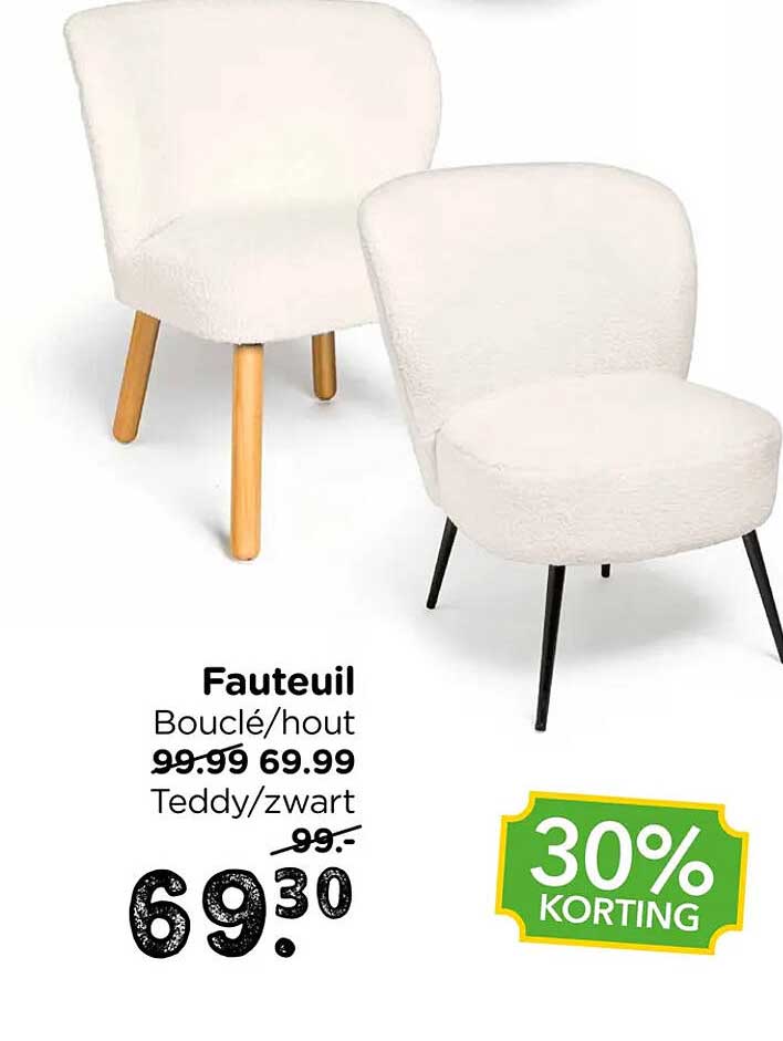 Fauteuil Bouclé/hout Teddy/zwart 30% korting