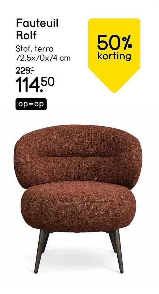 Fauteuil Rolf stof, terra 72,5x70x74 cm 50% korting