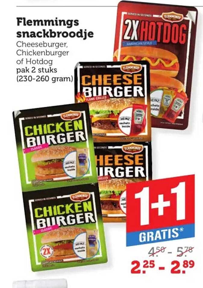 Flemmings snackbroodje Cheeseburger, Chickenburger of Hotdog pak 2 stuks (230-260 gram) 1+1 gratis