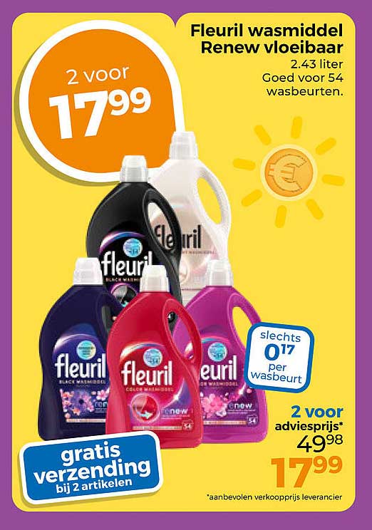 Fleuril wasmiddel Renew vloeibaar 2,43 liter 2 voor 17,99