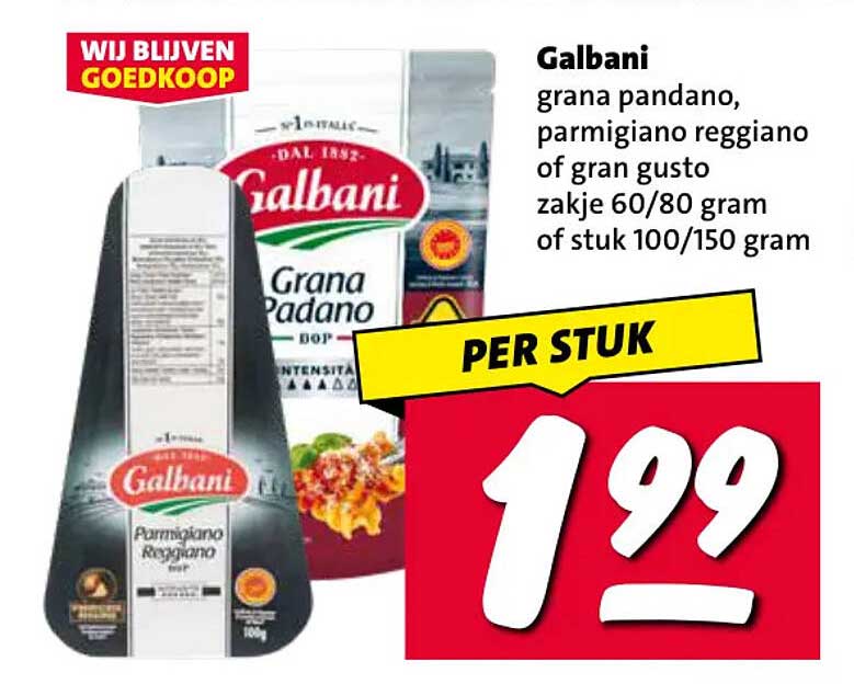 Galbani grana padano, parmigiano reggiano of gran gusto zakje 60/80 gram of stuk 100/150 gram PER STUK