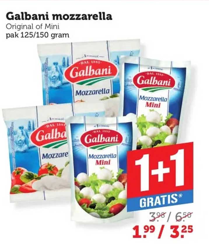 Galbani mozzarella Original of Mini pak 125/150 gram 1+1 gratis