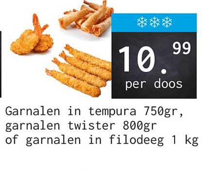 Garnalen in tempura 750gr, garnalen twister 800gr of garnalen in filodeeg 1 kg