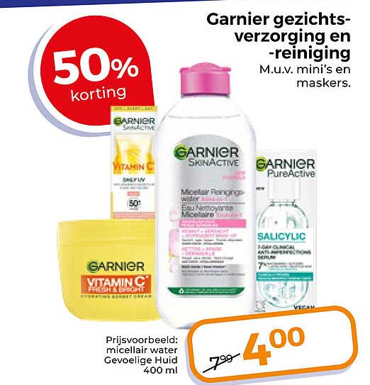 Garnier gezichts-verzorging en -reiniging M.u.v. mini's en maskers. 50% korting