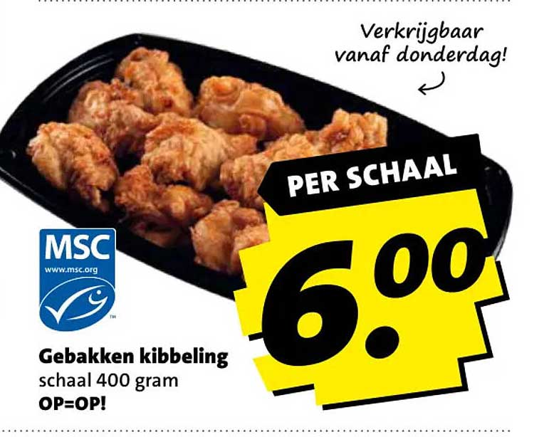Gebakken kibbeling schaal 400 gram OP=OP!