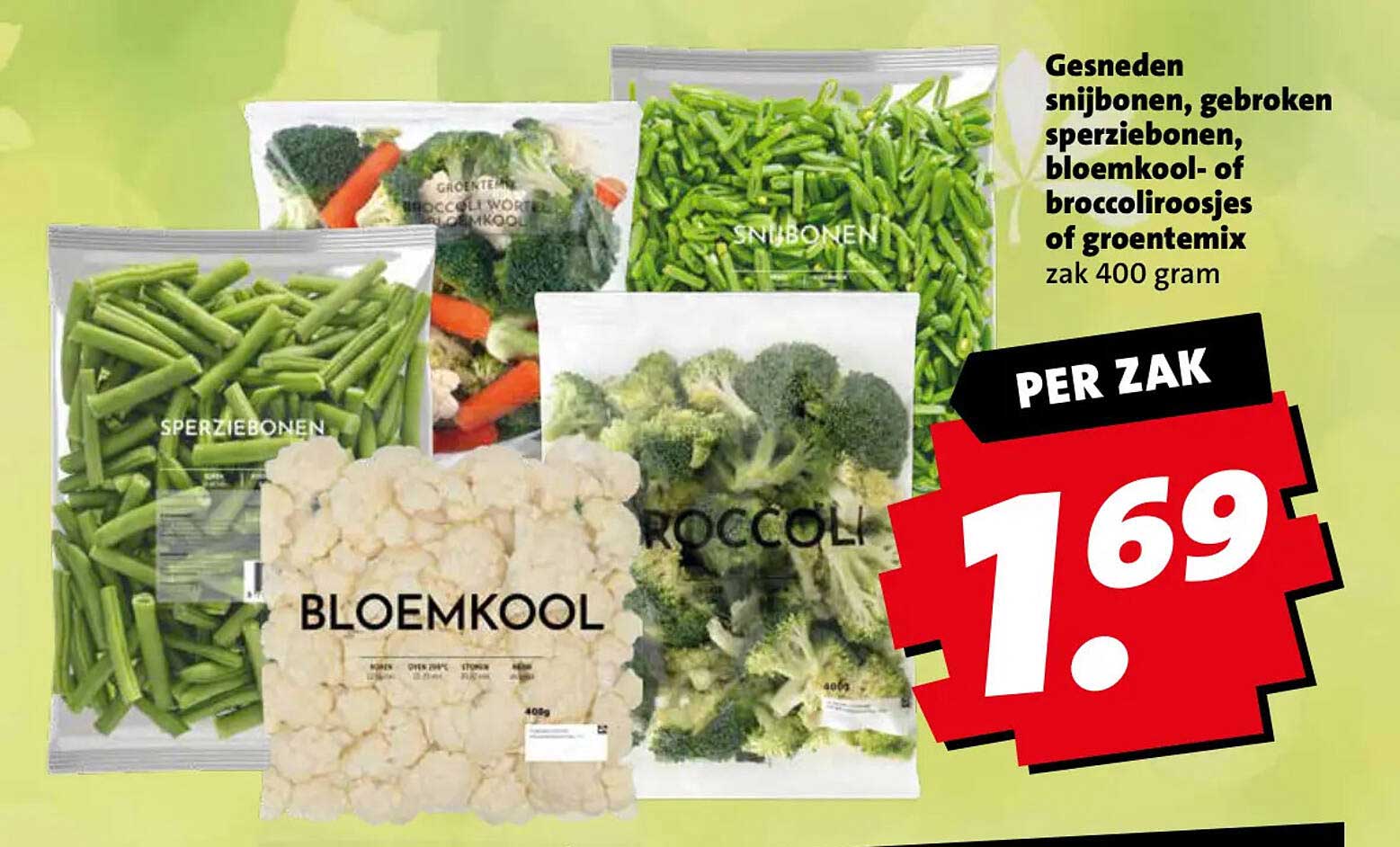 Gesneden snijbonen, gebroken sperziebonen, bloemkool- of broccoliroosjes of groentemix zak 400 gram