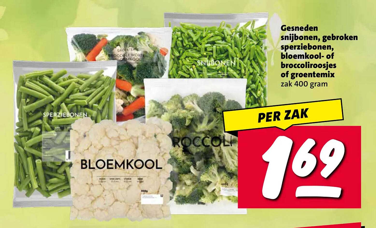 Gesneden snijbonen, gebroken sperziebonen, bloemkool- of broccoliroosjes of groentemix zak 400 gram