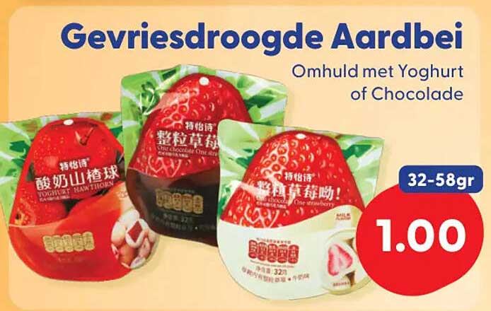 Gevriesdroogde Aardbei Omhuld met Yoghurt of Chocolade