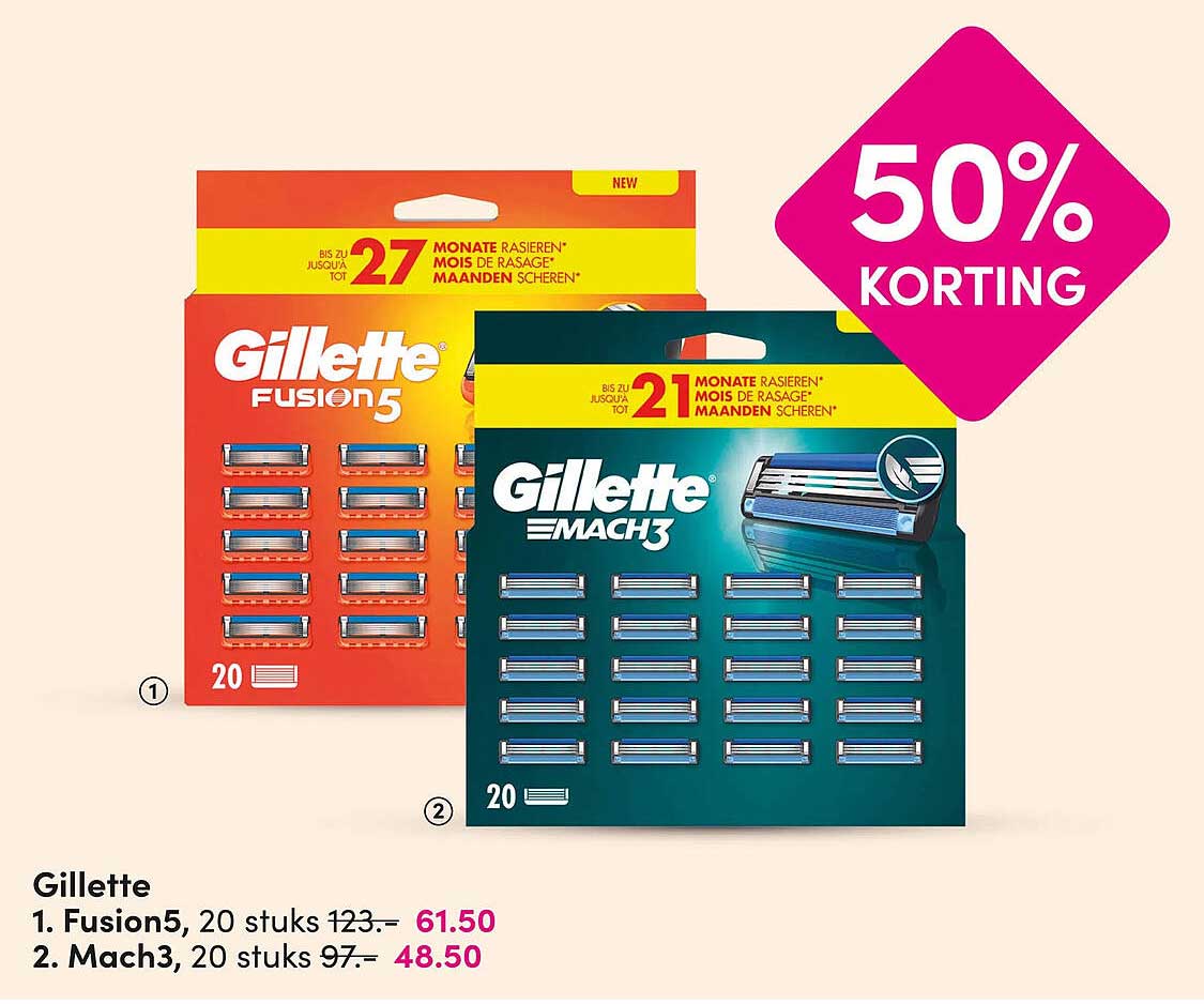 Gillette 1. Fusion5, 20 stuks 2. Mach3, 20 stuks 50% KORTING