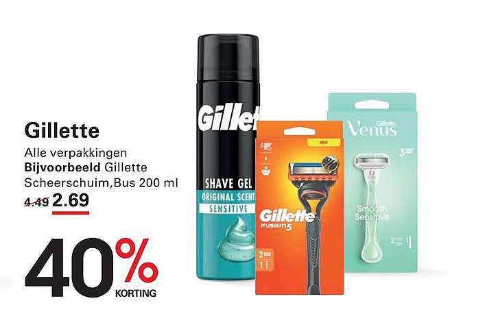 Gillette Alle verpakkingen Bijvoorbeeld Gillette Scheerschuim, Bus 200 ml 40% korting