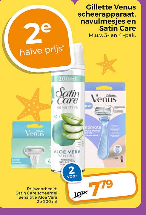 Gillette Venus scheerapparaat, navulmesjes en Satin Care 2e halve prijs