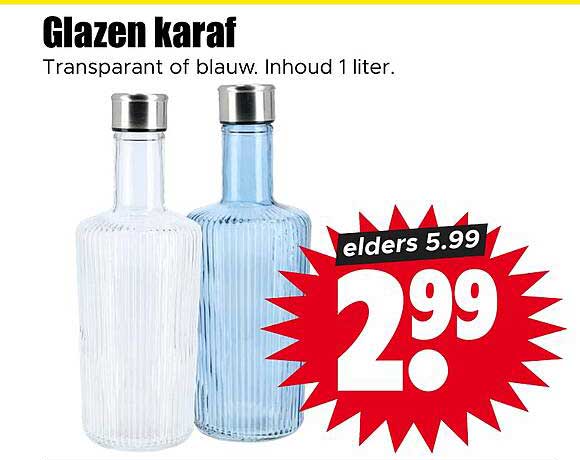 Glazen karaf Transparant of blauw. Inhoud 1 liter.