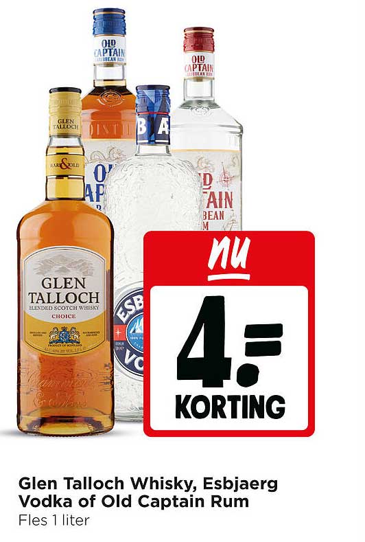 Glen Talloch Whisky, Esbjerg Vodka of Old Captain Rum 4,- korting