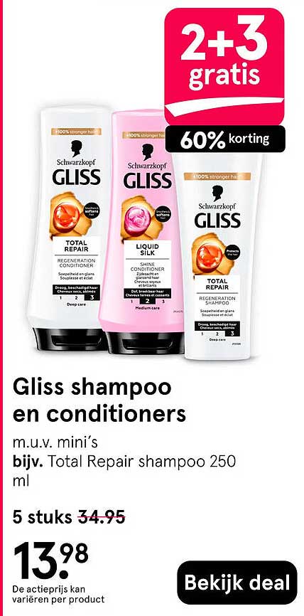 Gliss shampoo en conditioners 2+3 gratis 60% korting