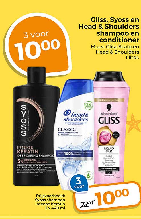 Gliss, Syoss en Head & Shoulders shampoo en conditioner M.u.v. Gliss Scalp en Head & Shoulders 1 liter. 3 voor 10,00