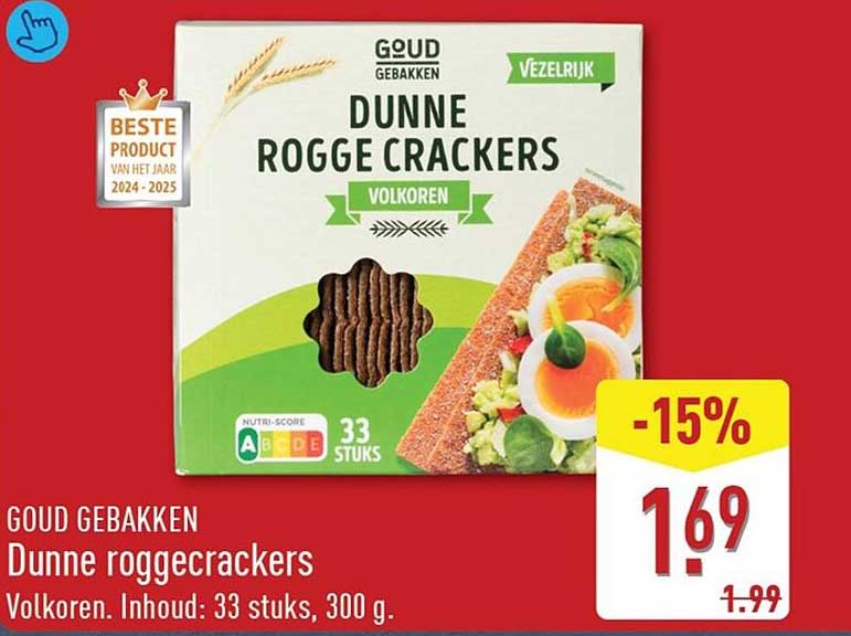 Goud gebakken Dunne roggecrackers Volkoren. Inhoud: 33 stuks, 300 g. -15%