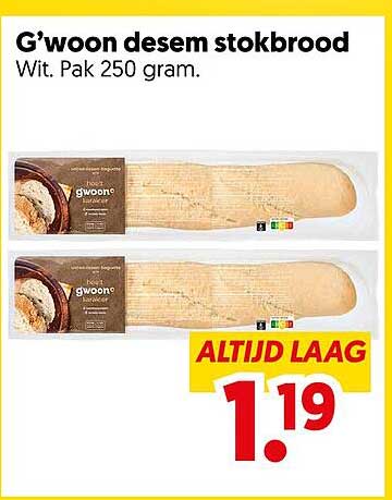 G'woon desem stokbrood Wit. Pak 250 gram.