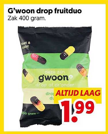 G'woon drop fruitduo Zak 400 gram.